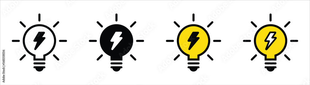 Poster light bulb or idea icon set. lamp with lightning icon collections symbol sign, vector illustration