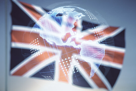 Digital map of North America hologram on British flag and sunset sky background, global technology concept. Multiexposure