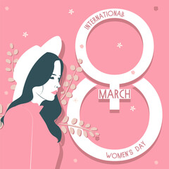 International womens day congratulation card. Lady in white hat. 8th of March on the background. Feminine symbol 