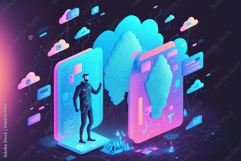 Poster the man uses fingerprint identification to access the holograms' personal data. cloud data storage, 