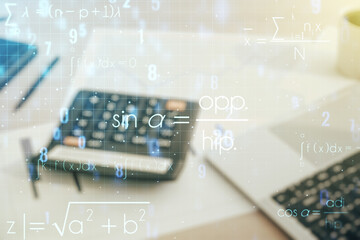 Scientific formula illustration on blurry calculator and computer background, science and research concept. Multiexposure