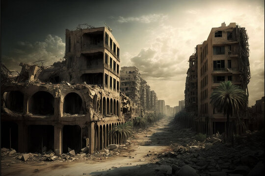 A city view destroyed by war and bombs concept. Ai Generated.