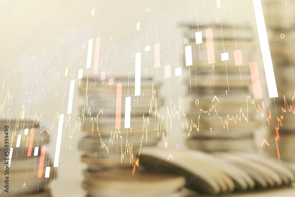 Poster abstract creative financial graph interface and world map on stacks of coins background, forex and i