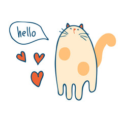 Hand drawn cute cat says hello in simple doodle style. Perfect print for tee, stickers, poster. Isolated vector illustration for decor and design.