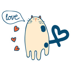 Hand drawn cute cat says love in simple doodle style. Perfect print for tee, stickers, poster. Isolated vector illustration for decor and design.