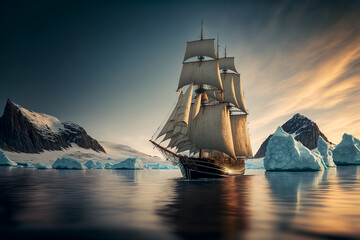 Fototapeta premium expedition ship of the late 19th century among the ice, created by a neural network, Generative AI technology