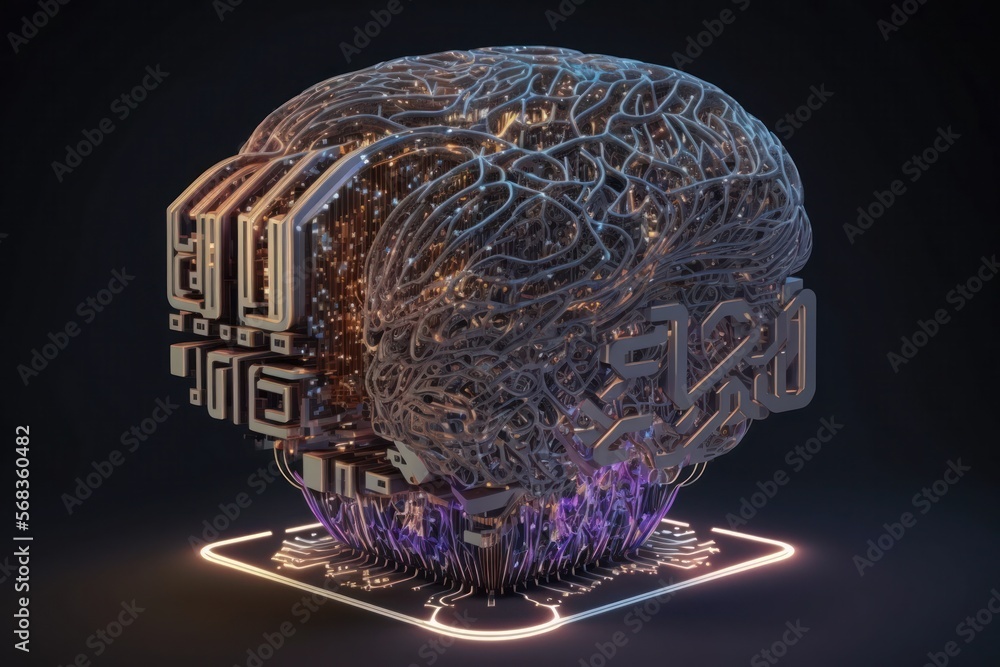 Poster artificial intelligence concept with electric brain and neural network, isometric 3d. ai generate.