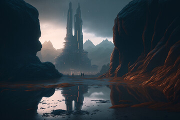 inspiring futuristic alien landscape of a city in the desert, the concept of interplanetary travel, the resettlement of earthlings, created by a neural network, Generative AI technology - obrazy, fototapety, plakaty