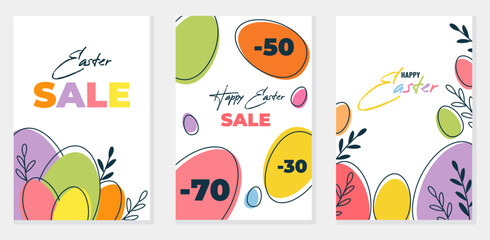 Fototapeta premium Happy Easter Set of Sale banners, greeting cards, posters, holiday covers template, with typography, plants, eggs in pastel colors. Vector illustration in flat style
