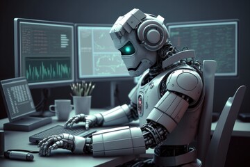 Fototapeta premium futuristic robot technology development and trade, artificial intelligence AI, and machine learning concept. Global robotic bionic science research for future of human life.ai generate.