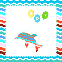 Postcard, christening, birthday invitation
 boy. Vector illustration. Postcard, newborn baby, Children's Day, blue stroller, multi-colored balloons