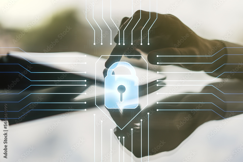 Poster creative lock sketch with chip hologram and hand working with a digital tablet on background, protec