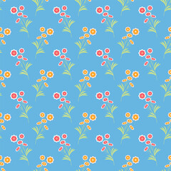 Abstract diagonal flowers on blue seamless pattern