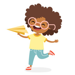 Cartoon Kid Playing With Paper Plane