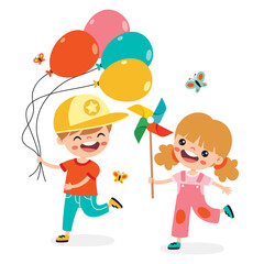 Cartoon Kid Playing With Balloons And Wind Rose
