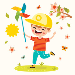 Cartoon Kid Playing With Wind Rose