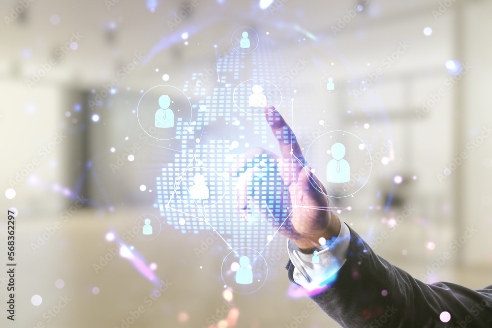 Poster man hand working with virtual social network hologram and world map on blurred office background. mu