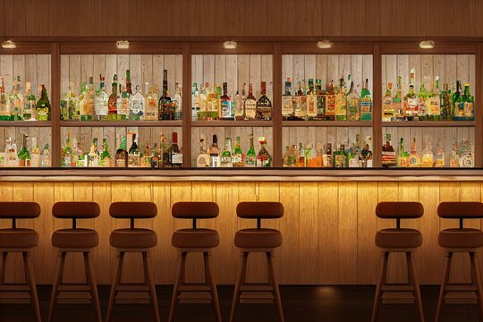 Interior Of A Bar With A Counter, Drinks And Stools, Made Of Wood, Pixel Art Style. AI Digital Illustration. Generative AI