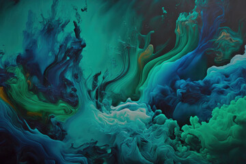 Acrylic paint in the form of a flowing abstract backdrop in blue and green. undersea ocean of lactic smoke. Generative AI