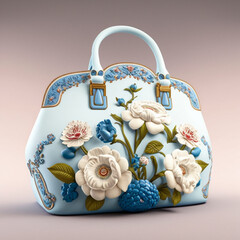 a sky blue and white bag with flower shigh detail