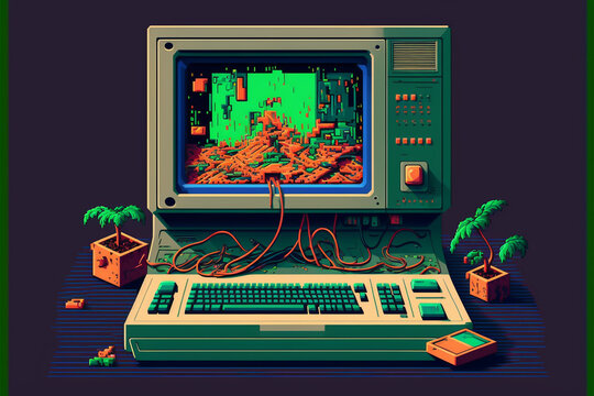 a computer in the style of the 70s, created by a neural network, Generative AI technology