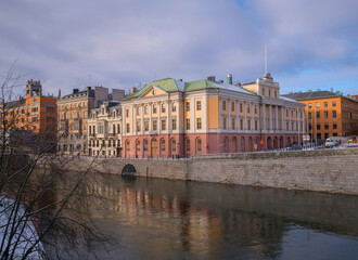 Obraz premium Department of foreign affairs, department houses and the Prime minister house Sagerska huset a sunny snowy winter day in Stockholm