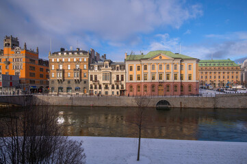 Department of foreign affairs, department houses and the Prime minister house Sagerska huset a sunny snowy winter day in Stockholm