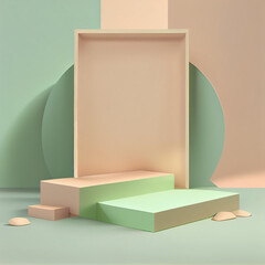 3D empty pastel green podium display, beige banner backdrop, nature wooden stand. herbal background, Generative AI.