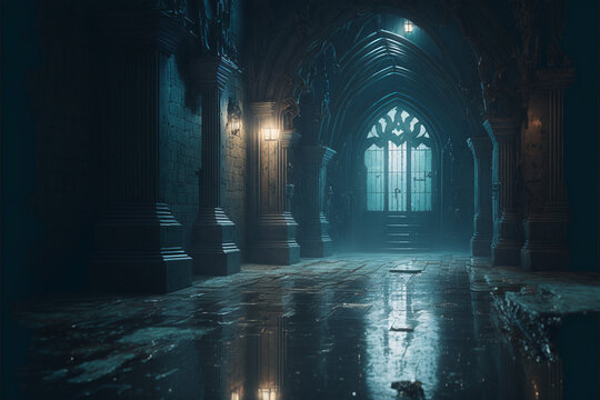 damp gothic dungeon, created by a neural network, Generative AI technology