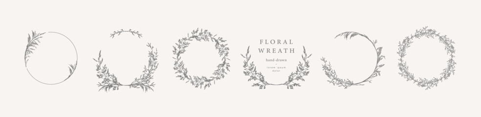 Elegant frames. Floral wreath, сircle monogram with hand drawn wild herbs and flowers. Vector vintage botanical illustration for invitation or wedding decor, logo, labels, branding, business identity