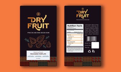 Dry fruits label design, Stand up Pouch Label Illustration. Almond label, Cashew, Peanut pouch, walnut label front back nutritional facts packaging design