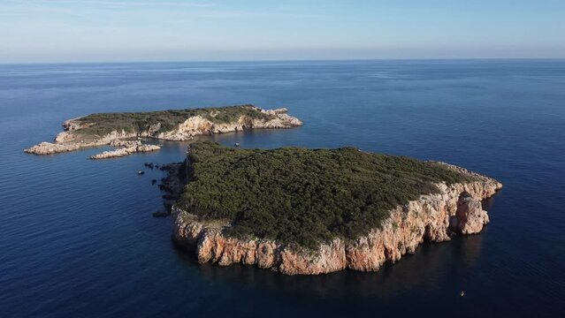 Two uninhabited islands in the Mediterranean from a drone. Uc adalar islands.