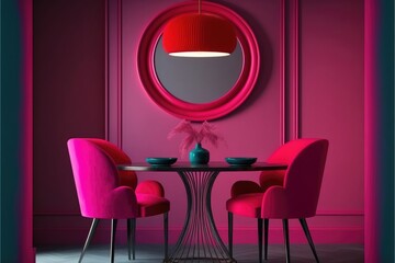 magenta color dining room Black round table and crimson pink chairs generative ai render