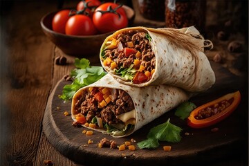 Burritos stuffed with meat and vegetables generative ai  Mexican food. - obrazy, fototapety, plakaty
