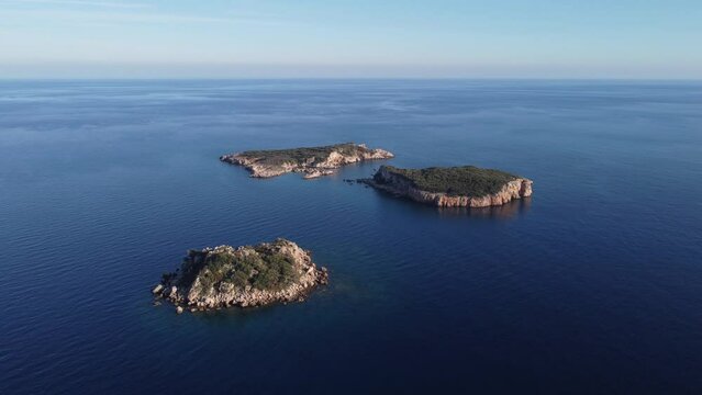 Three uninhabited islands in the Mediterranean from a drone. Uc adalar islands.