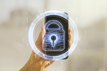 Creative lock illustration with microcircuit and hand with mobile phone on background, cyber security concept. Multiexposure