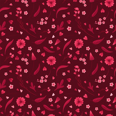Magenta Floral Seamless Pattern. Blooming Flowers, Red and Pink Leaves and Hearts. Vector Digital Wallpaper. Scrapbook Paper on Dark Background