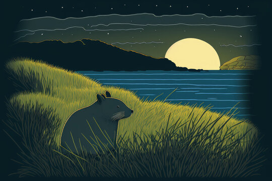 On an island close to Tasmania, a Vombatus ursinus, or Common Wombat, can be seen nibbling grass in the twilight. Generative AI