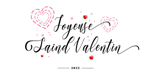 Fototapeta na wymiar Happy Valentine's day greeting card in French. Joyeuse Saint Valentin. Hand drawn lettering illustration for greeting card, festive poster etc. Vector illustration 