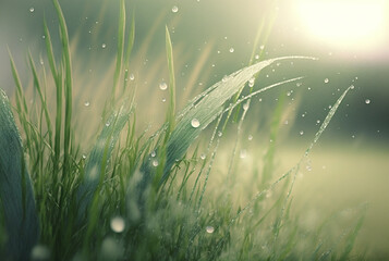 Background with green grass and water drops. AI generated image.	