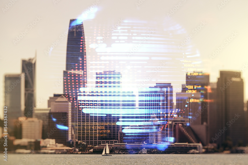 Poster multi exposure of abstract graphic coding sketch and world map on san francisco cityscape background