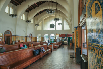Beautiful Spanish colonial Art Deco architecture style building of train station interior exterior...
