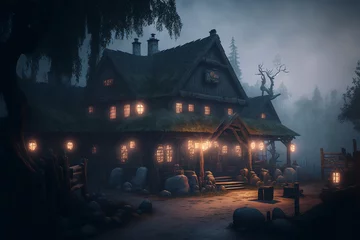 Fotobehang medieval tavern by the road at dusk in a dark forest, created by a neural network, Generative AI technology © Alexander