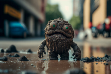 mud monster on a city street, created by a neural network, Generative AI technology - obrazy, fototapety, plakaty