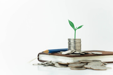Plant growing on stack of coins put on notebook, money saving concept, financial and business growth concept, white background, copy space.
