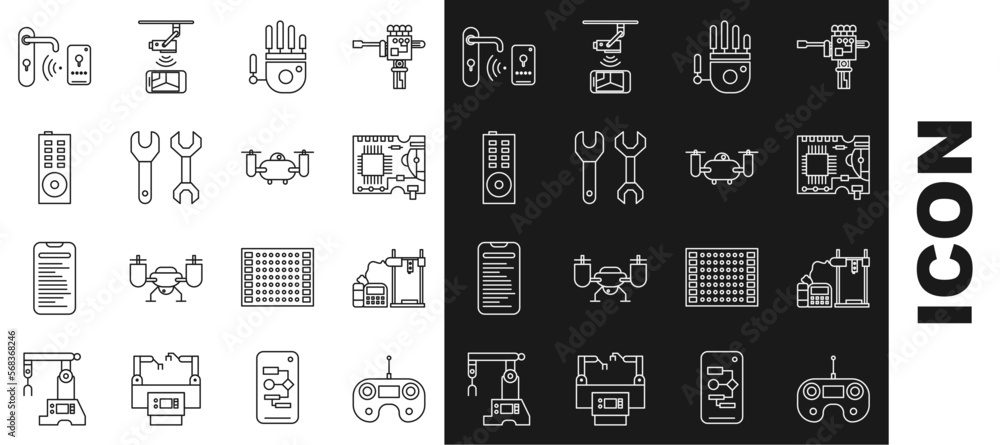 Poster set line remote control, 3d printer, printed circuit board pcb, mechanical robot hand, spanner, digi