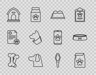 Set line Dog bone, Bag of food for pet, Pet bowl, house, Cat, Pets vial medical and icon. Vector