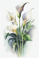 Watercolor painting of blooming calla lily flowers, Generative AI