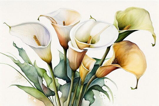 Watercolor painting of blooming calla lily flowers, Generative AI