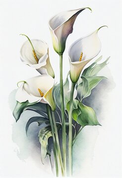 Watercolor painting of blooming calla lily flowers, Generative AI